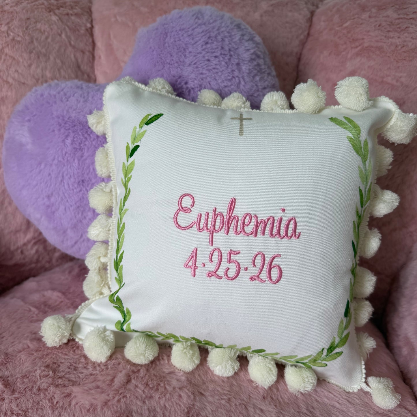 Laurel wreath mini pom pom pillow
