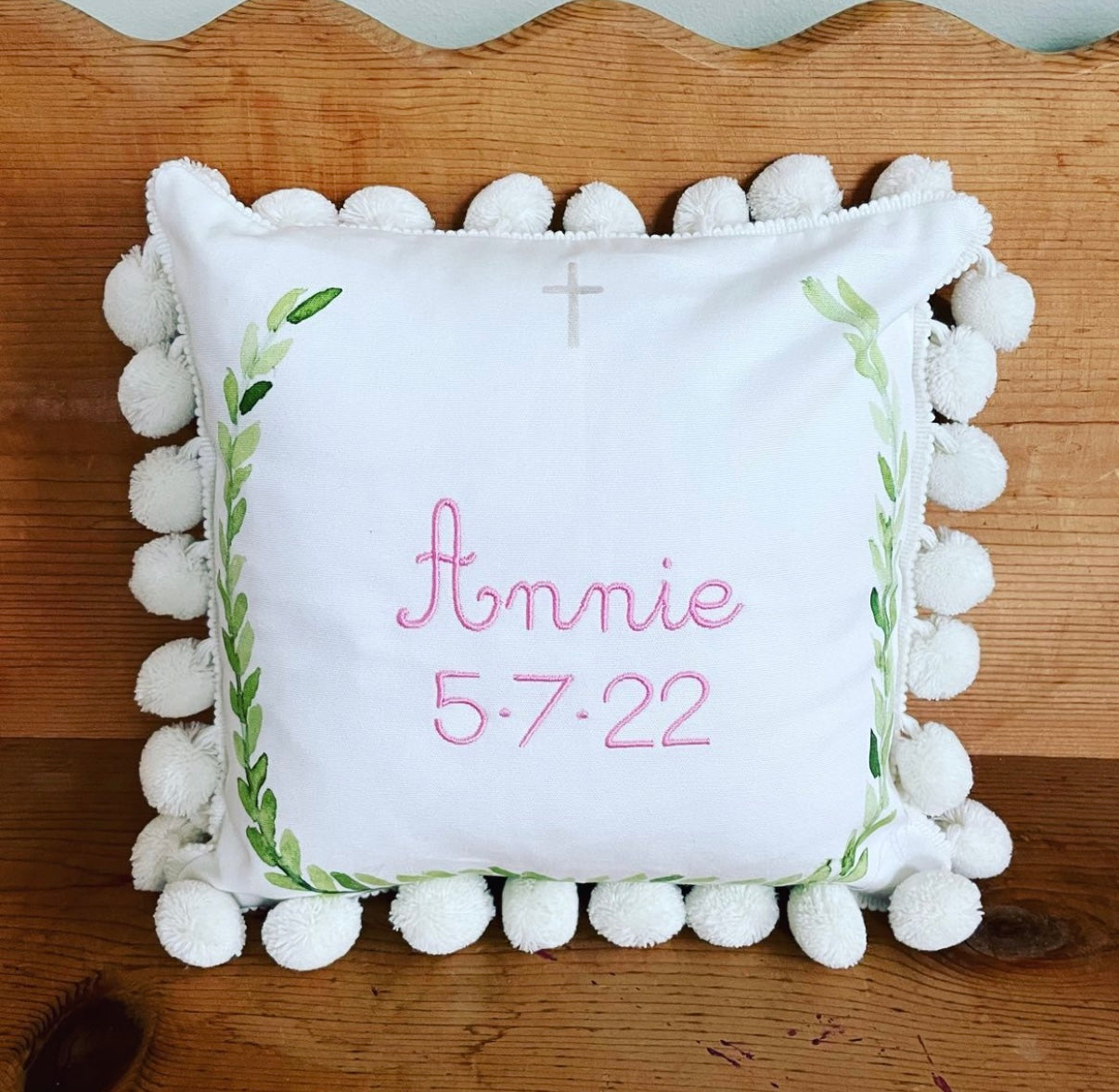 Laurel wreath mini pom pom pillow