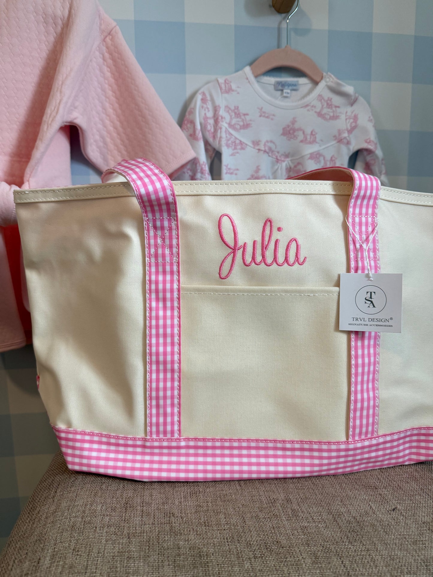 Medium pink gingham maxi tote "Julia"